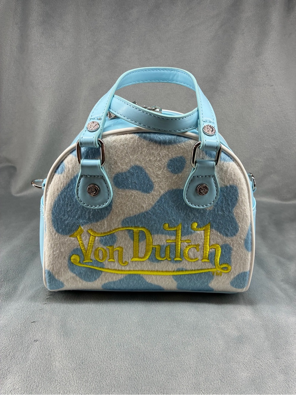 Von Dutch Light Blue & White Cowprint Mini Satchel with Yellow Logo